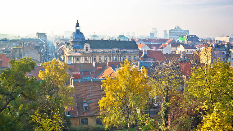 Zagreb skyline autumn morning fog view