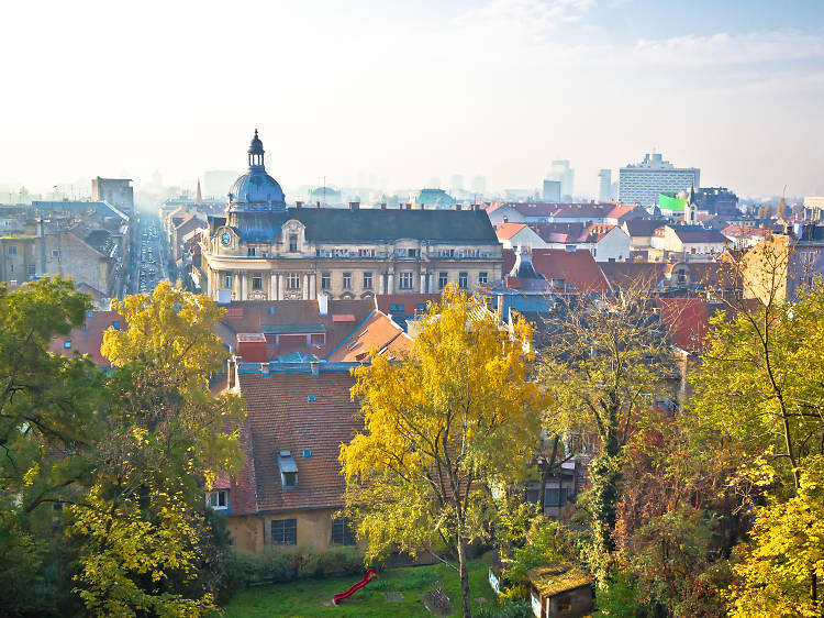 Zagreb skyline autumn morning fog view