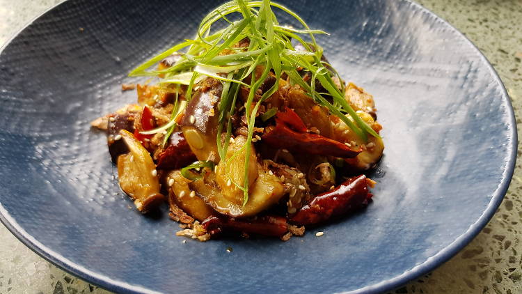 A vegan Sichuan dish of eggplant