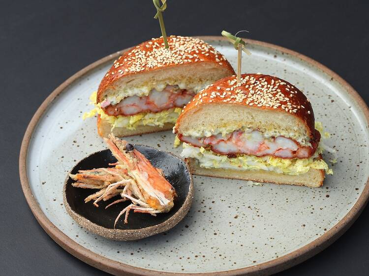 Crumbed prawn burger at Ima Project Café