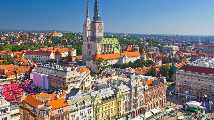 Zagreb main square and cathedral aerial view, Croatia