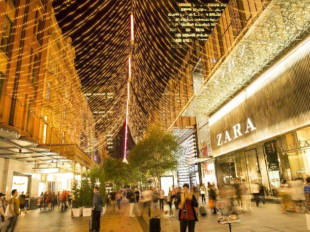 Christmas in the City Pitt Street Mall with Christmas lights.