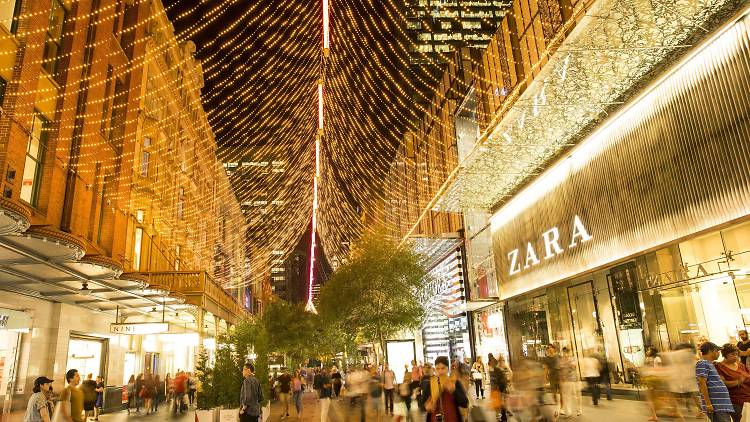 Pitt Street Mall with Christmas lights.