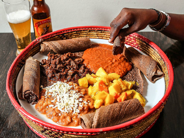 Big bowl with the injera bread at Sabas Ethiopian