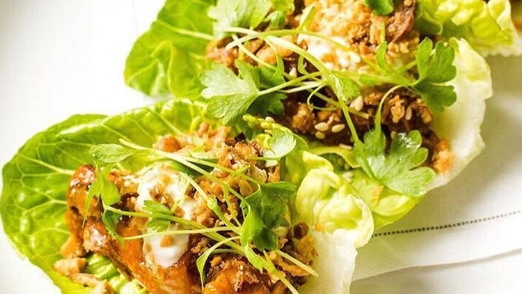 Indo-Chinese chilli chicken lettuce cups at Brigadiers