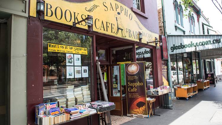 Outside on street at Sappho Books Cafe & Wine Bar