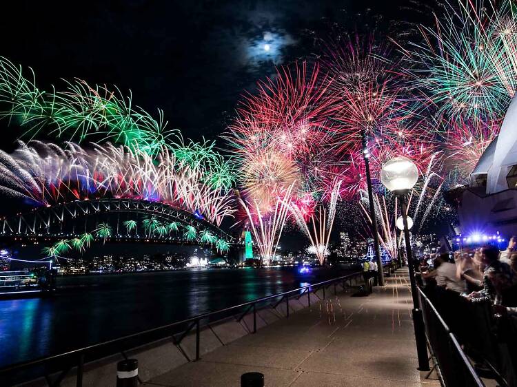 Sydney Harbour Bridge with fireworks.