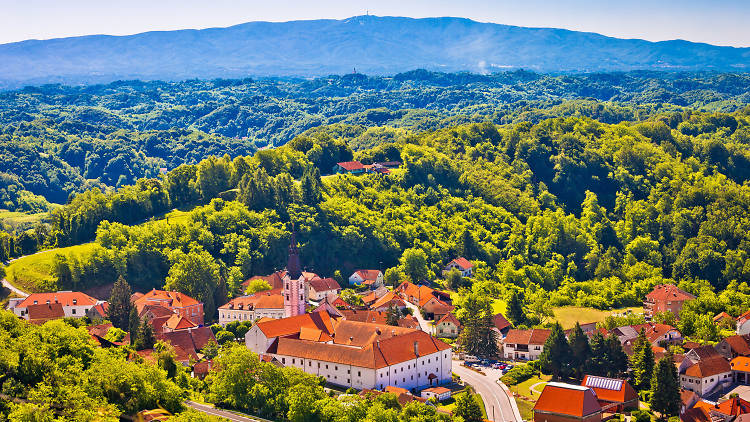 Picturesque town of Klanjec aerial view and Medvednica mountain