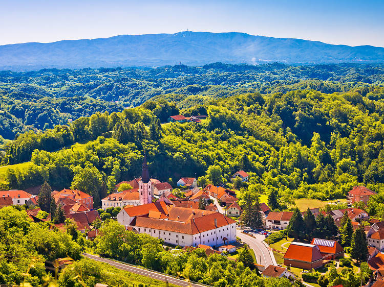 Picturesque town of Klanjec aerial view and Medvednica mountain