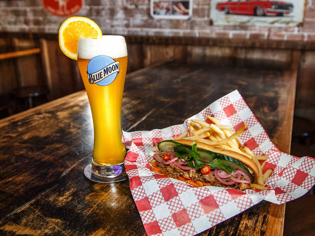 Blue Moon and Surly's A banh mi and a Blue Moon beer