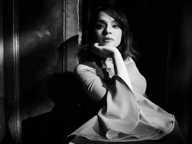Black and white press photo of Norah Jones
