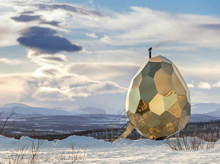 Sauna in a golden egg in the Arctic