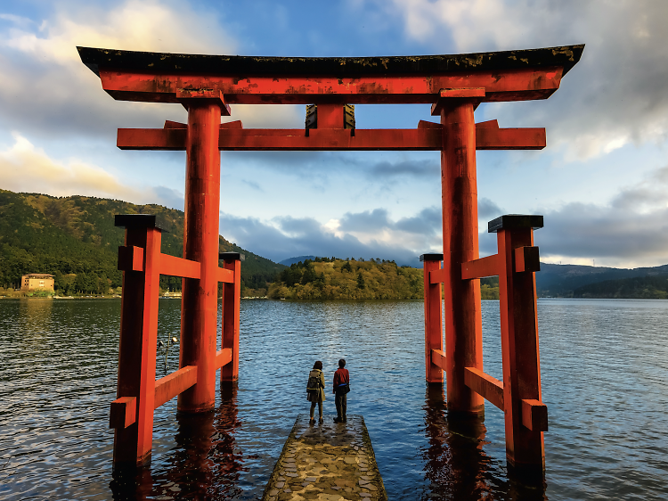 A massive red torii gate