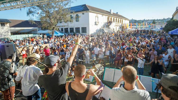 Band plays to a crowd at the Bondi Pavilion.