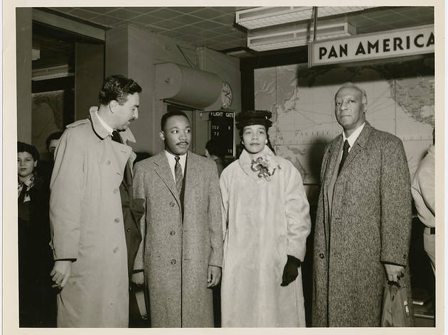 "Crusader: Martin Luther King Jr." Dr. Martin Luther King, Jr. and his wife Coretta being greeted by Rev. Adam Clayton Powell, Jr. (left) and labor leader A. Philip Randolph (right) at the Pan American World Airways terminal, in New York City