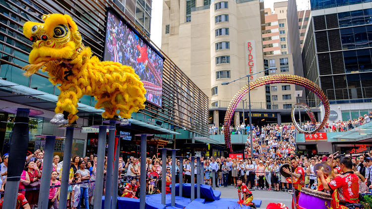 People watching lion dancing on poles.