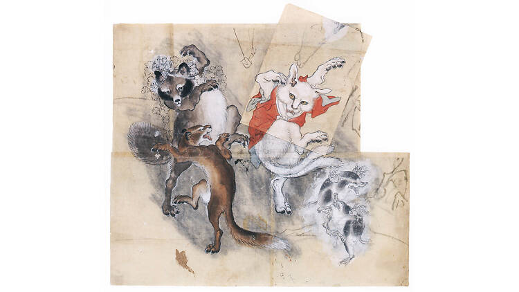 Choju giga (Frolicking Animals): Nekomata (Demon Cat) and Tanuki (Raccoon Dog), Kawanabe Kyosai, Kawanabe Kyosai Memorial Museum (to be shown Mar 6-31)