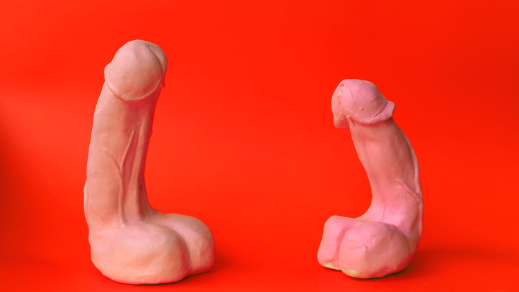 Two clay penises on a red background