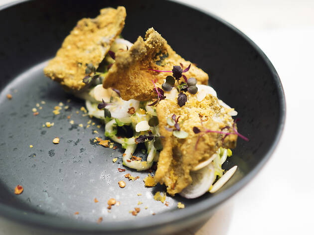 Egg Yolk Fish Skin with White Kimchi Salad Egg Yolk Fish Skin with White Kimchi Salad
