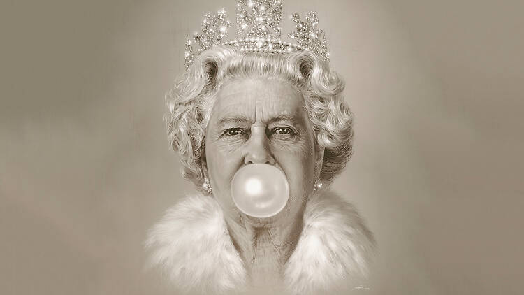 Queen Elizabeth blowing gum bubble