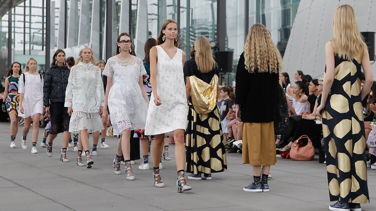 Models in white, black and gold on Gorman runway