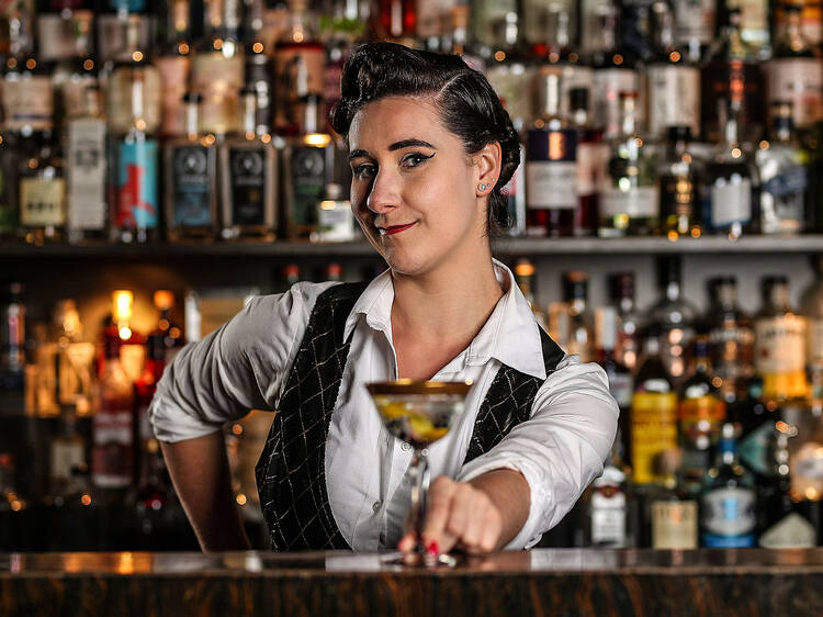 Portrait shot of Jessica Clayfield, Gin Palace behind the bar