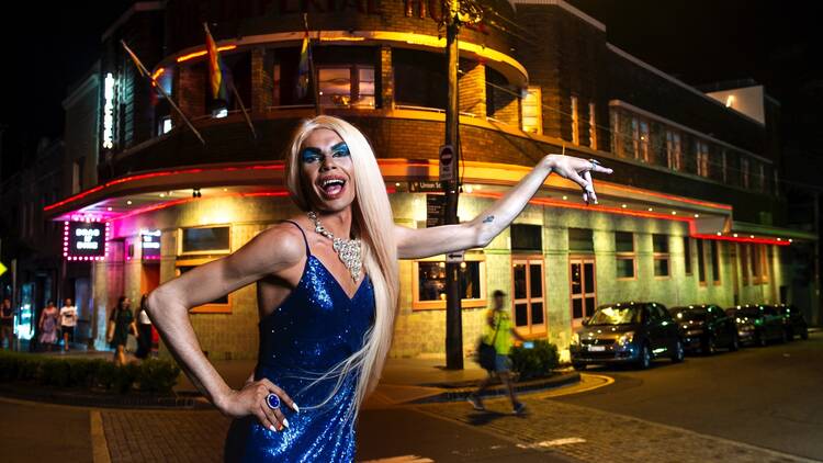 Felicia Foxx posing outside on street of the Imperial Hotel Erskineville 