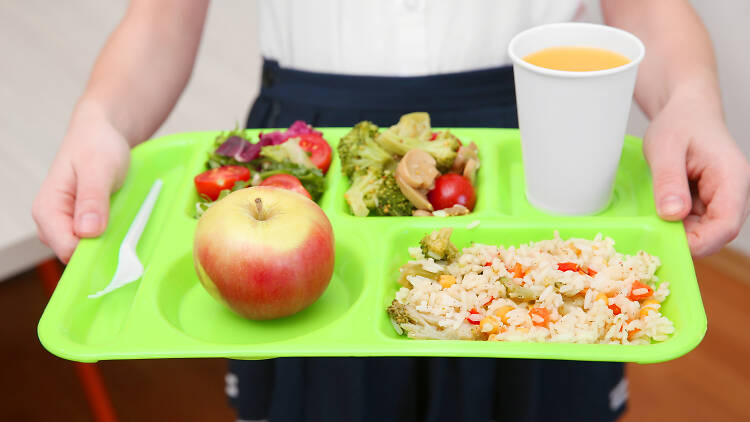 Child carrying school lunch tray with vegetables, fruit and rice