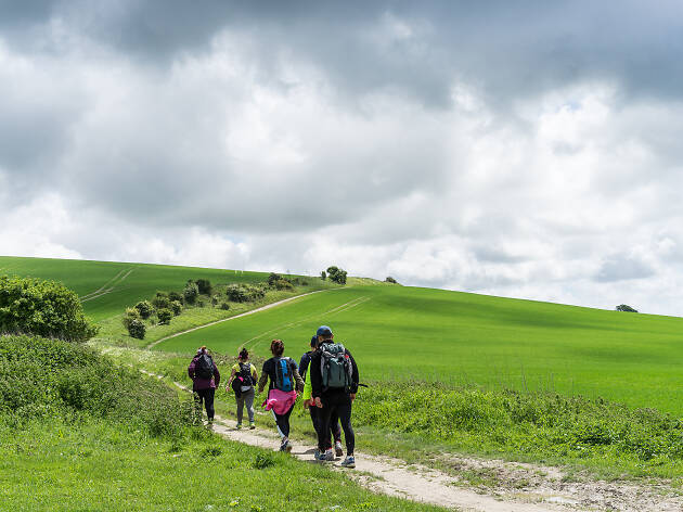 Group walking the South Downs Way, Sussex Group walking the South Downs Way, Sussex