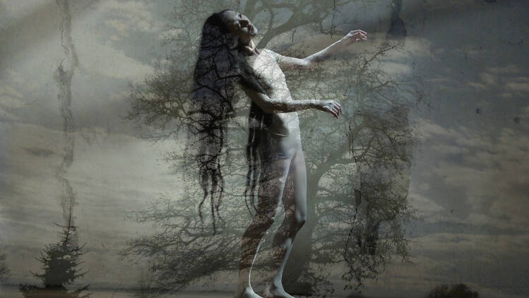 Butoh dancer Moeno Wakamatsu with long hair and tree