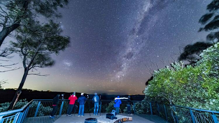 People taking photos of the nights sky from a lookout in the bush.