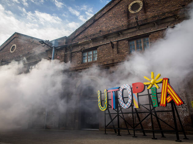 (Tom Mùller, 'Ghost Line' 2019 and Sam Cranstoun, 'Utopia' 2019 at Carriageworks. Photograph: Anna Kucera)