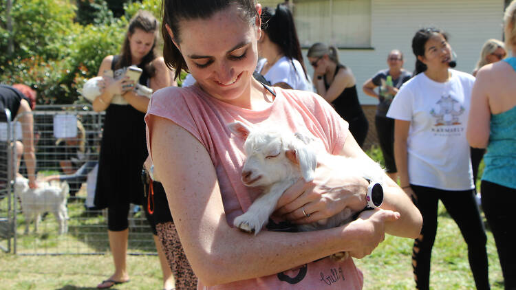 Woman holding baby goat