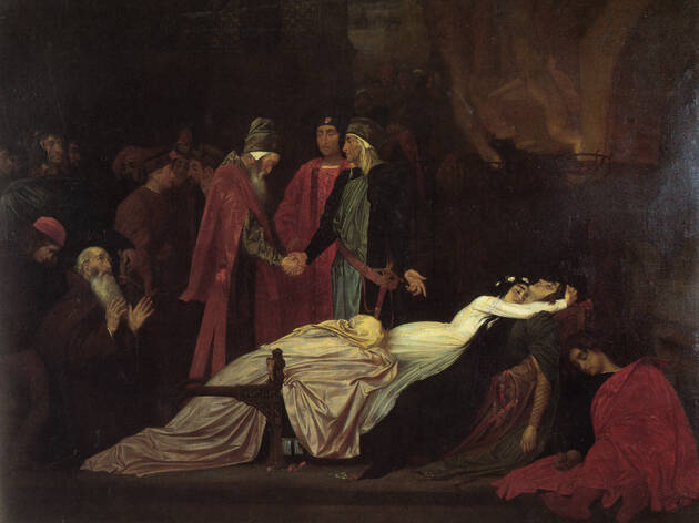 Os Montecchio e os Capuleti reconciliam-se junto aos cadáveres de Romeu e Julieta Arte, Pintura, Frederic Leighton