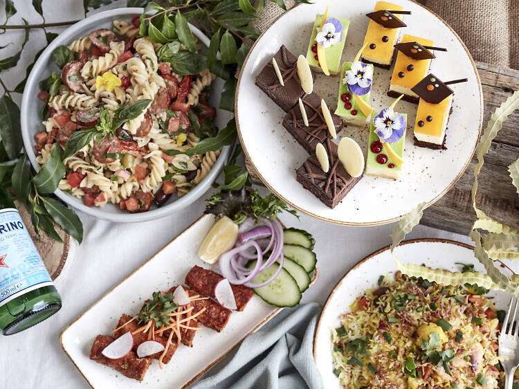 pasta, dessert, food on plates