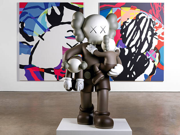 (KAWS, 'CLEAN SLATE' (foreground) 2015, 'SURVIVAL MACHINE' (background) 2015, Photograph: Jonty Wilde)
