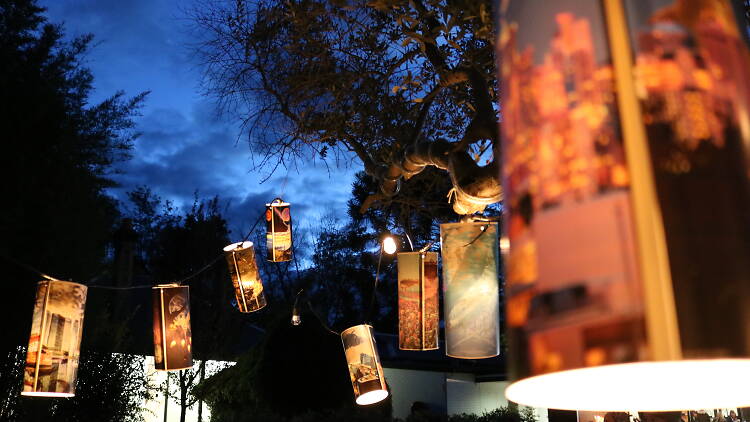 Lanterns glowing in a garden