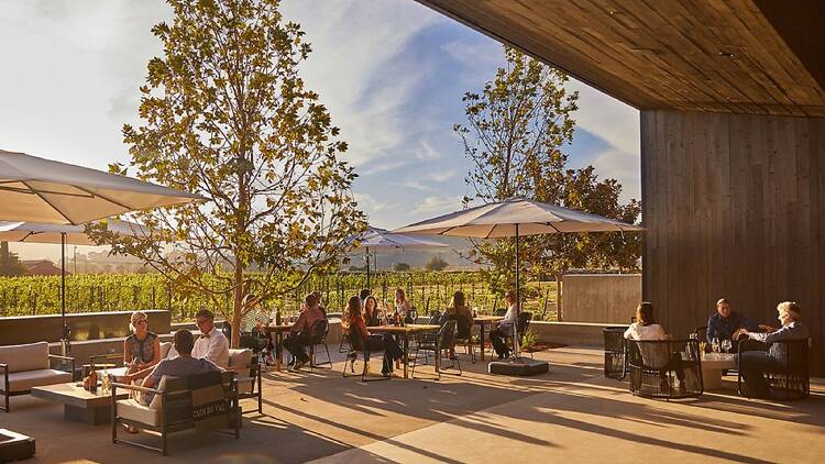 A modern patio with tables and white umbrellas overlooking vineyards