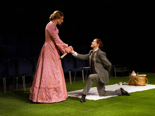 The Importance of Being Earnest (New York Classical Theatre) Jed Peterson (Gwendolen) and Kristen Calgaro (Jack) in New York Classical Theatre's reversed-gender The Importance of Being Earnest