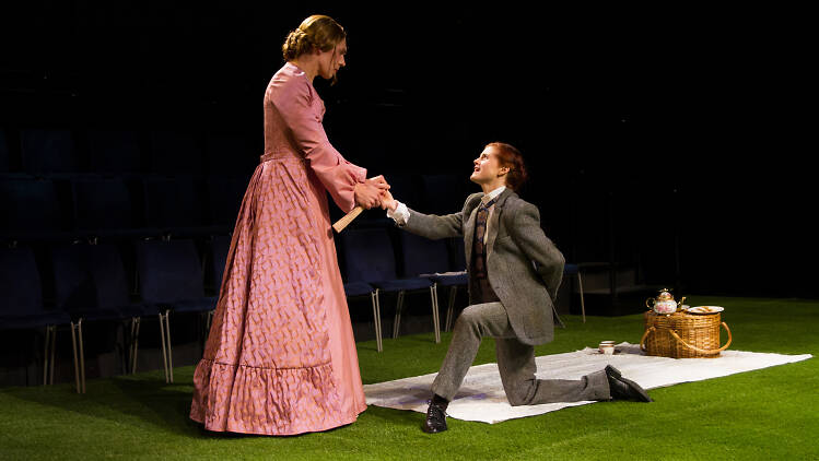 Jed Peterson (Gwendolen) and Kristen Calgaro (Jack) in New York Classical Theatre's reversed-gender The Importance of Being Earnest