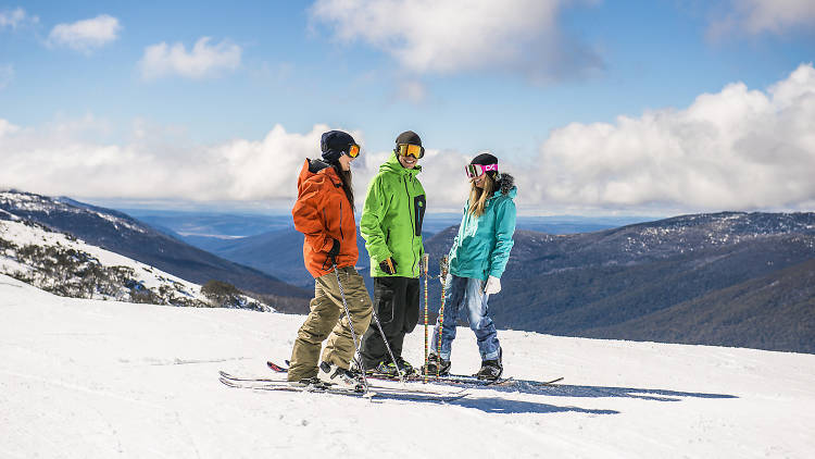 Friends skiing at Thredbo in the Snowy Mountains.