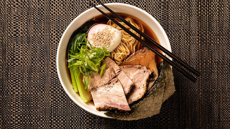 A bowl of smoked brisket ramen