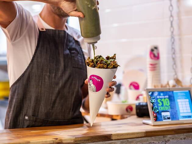 Flyover Fritterie Vegan pakoras in a cone