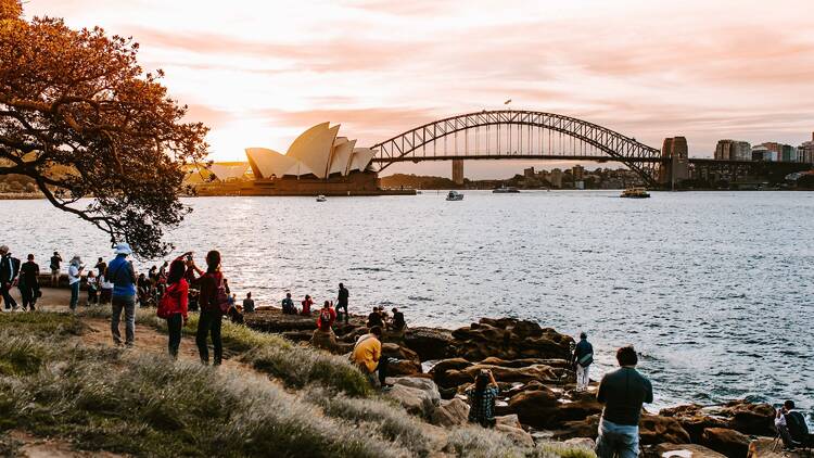 Group of people watching the sunset over Sydney harbour in the winter 
