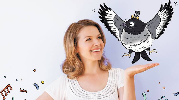 Justine Clarke with an animated magpie.