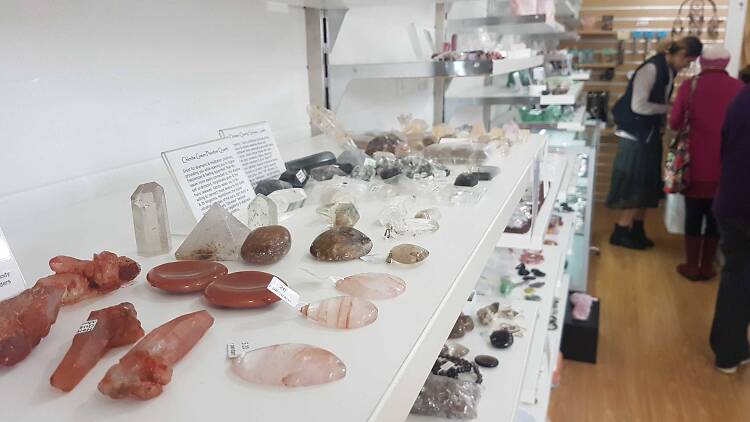 Crystals on shelves at the Rock Crystal Shop in Newtown.