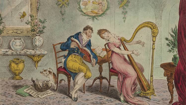 A painting of people playing the harp and reading sheet music in the 19th century. Exhibited in the Songs of Home exhibition at Museum of Sydney.