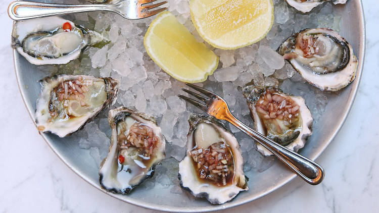 Fresh oysters with vinaigrette and lemon on ice.