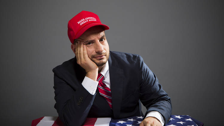 Comedian Dan Ilic with a 'Make America Great Again' cap worn ironically