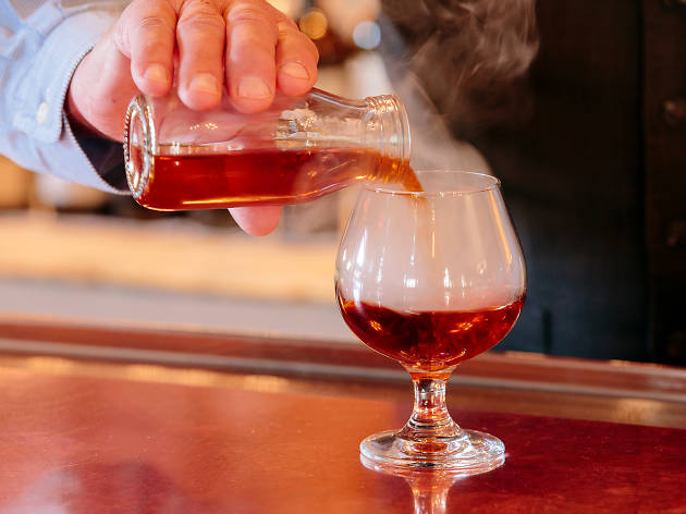 Smoked Chai Manhattan at Oak Long Bar Smoked Chai Manhattan at Oak Long Bar